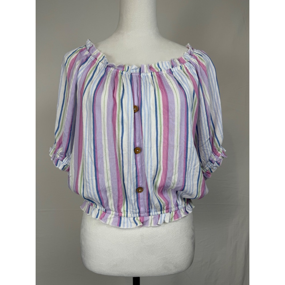 Salty Lemon Womens Striped On or Off Shoulder Crop Top L Purple Pink Blue  Y2K